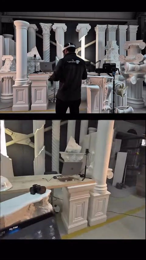 A virtual controller is extended near a column and fireplace for selection.