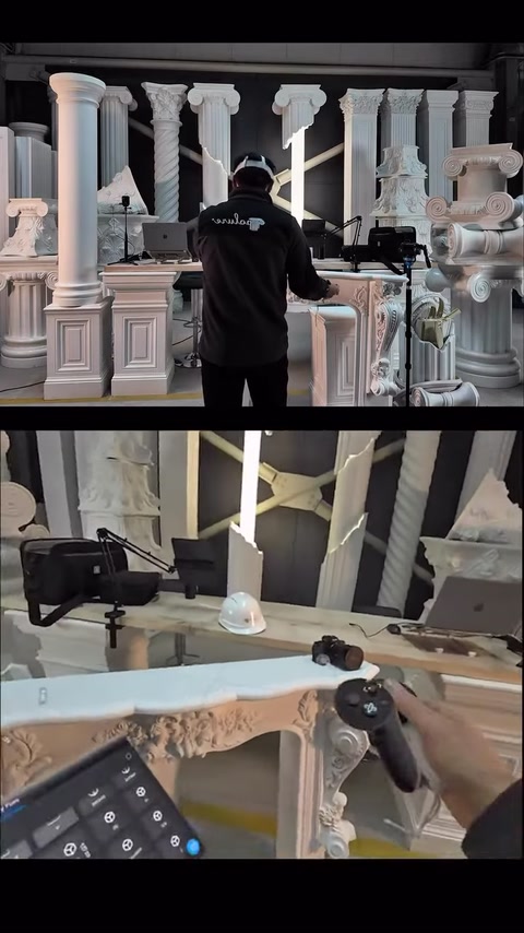 Virtual objects around the fireplace are controlled with the controller.