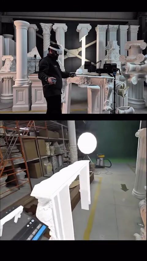 A white virtual fireplace model is placed on the workshop floor for the first time.