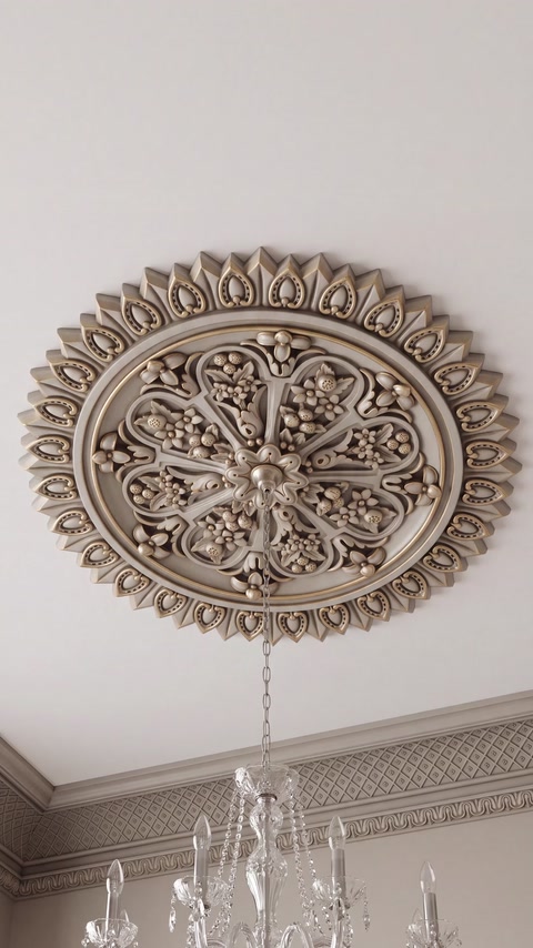 Ornate ceiling rose with layered floral detailing installed overhead.