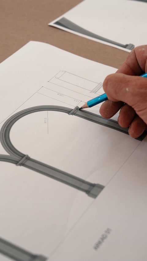 Technical drawing defines the shape of a curved decorative element.