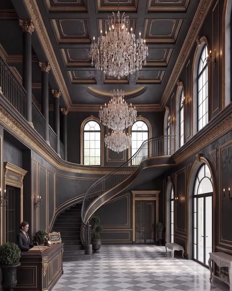 Dark staircase hall with crystal chandeliers and column paneling