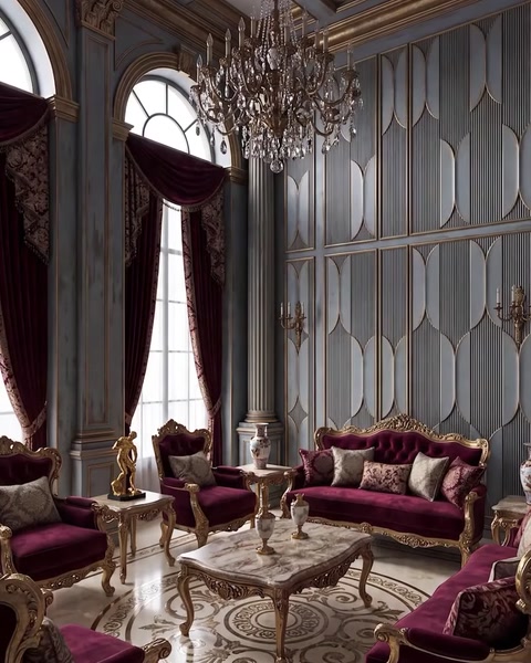 Living room with grand chandelier, red curtains and ornate sofas
