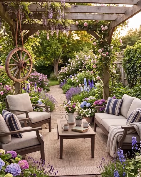 Garden pergola lounge area with wooden wheel decor and flowers