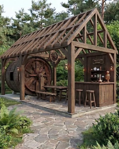Outdoor wooden bar structure under pergola with rustic wheel accents