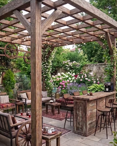 Pergola seating area with wooden beams and surrounding garden flowers