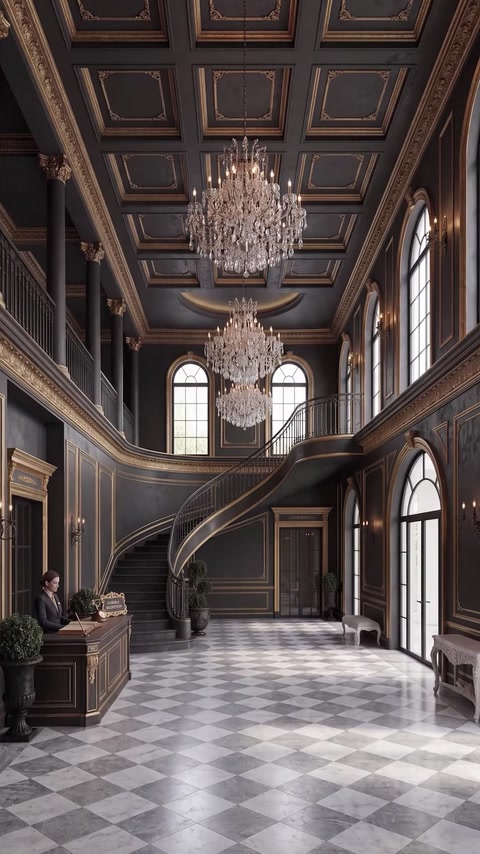 Dark staircase hall with crystal chandeliers and column paneling