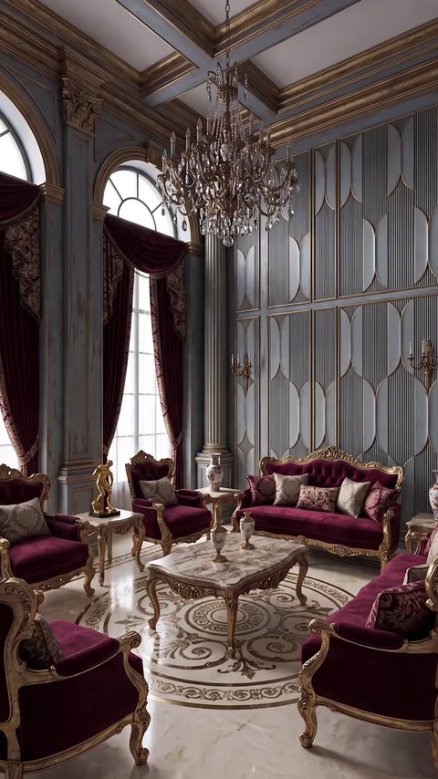Living room with grand chandelier, red curtains and ornate sofas