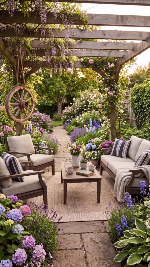 Garden pergola lounge area with wooden wheel decor and flowers