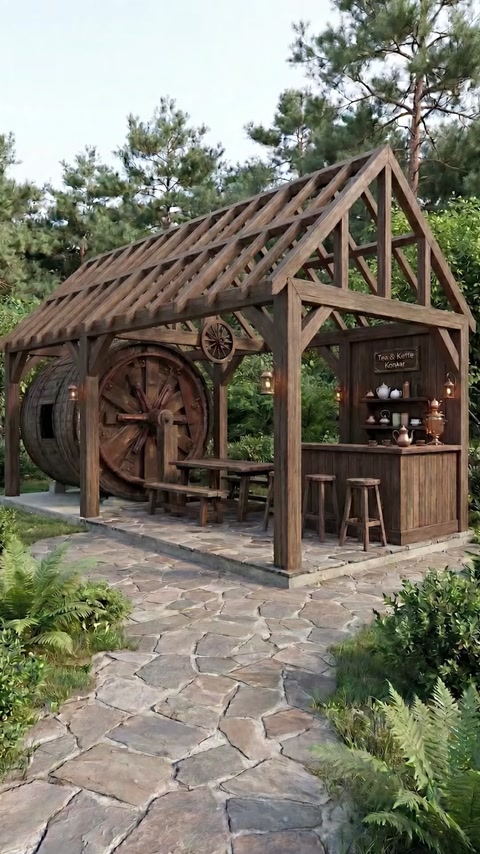 Outdoor wooden bar structure under pergola with rustic wheel accents