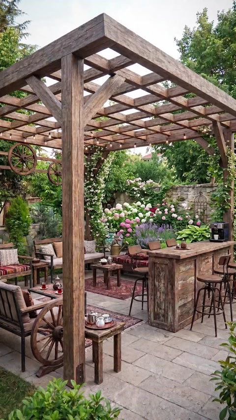 Pergola seating area with wooden beams and surrounding garden flowers