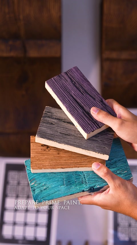 Delle mani presentano campioni texturizzati stratificati con finiture decorative a contrasto.