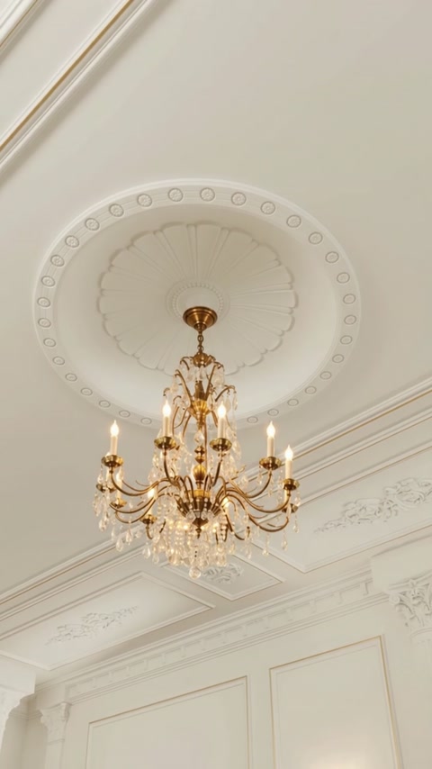 Installed circular ceiling dome frames a chandelier in a classical interior