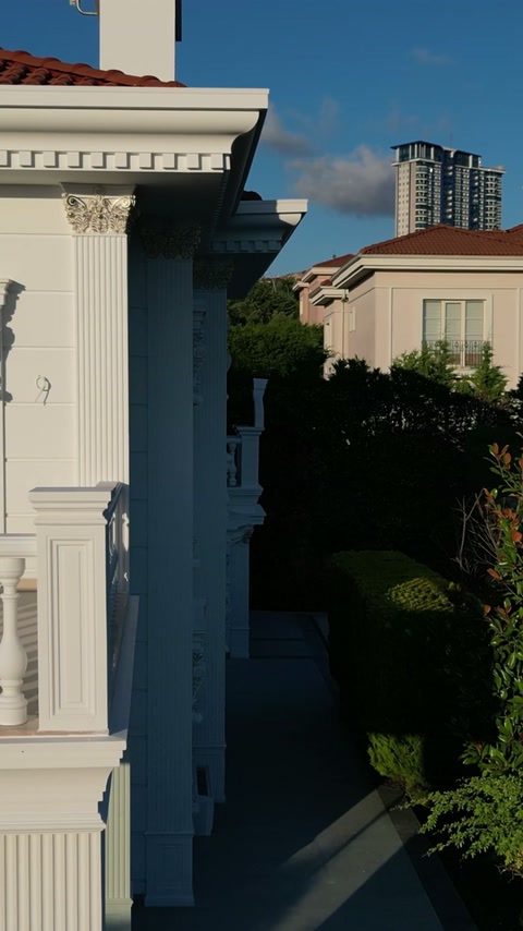 Fluted exterior column and ornate capital frame a shaded entrance.