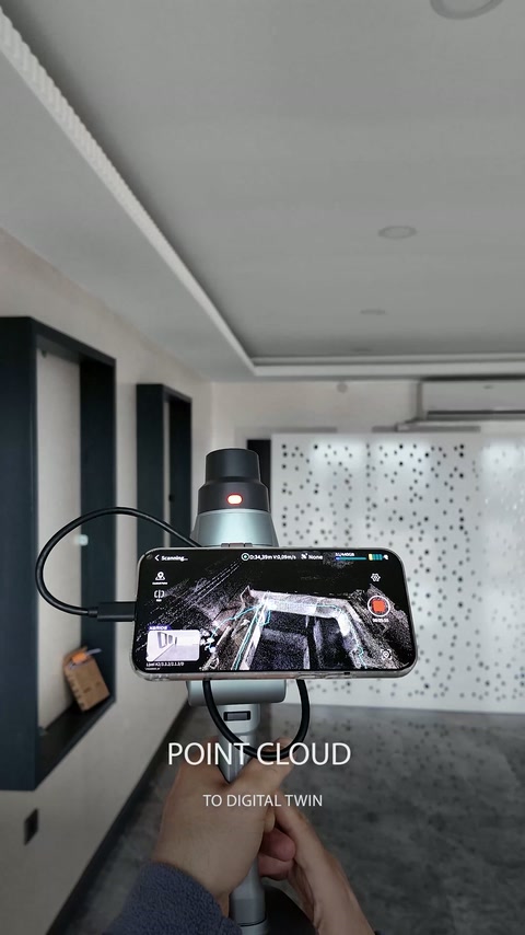 Lo scanner registra la geometria del corridoio, i ribassamenti del soffitto e le aperture delle porte.