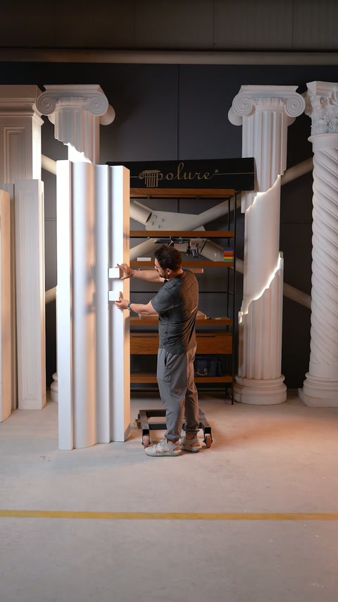 L'operaio allinea elementi pilastri scanalati alti all'interno dell'officina di produzione.