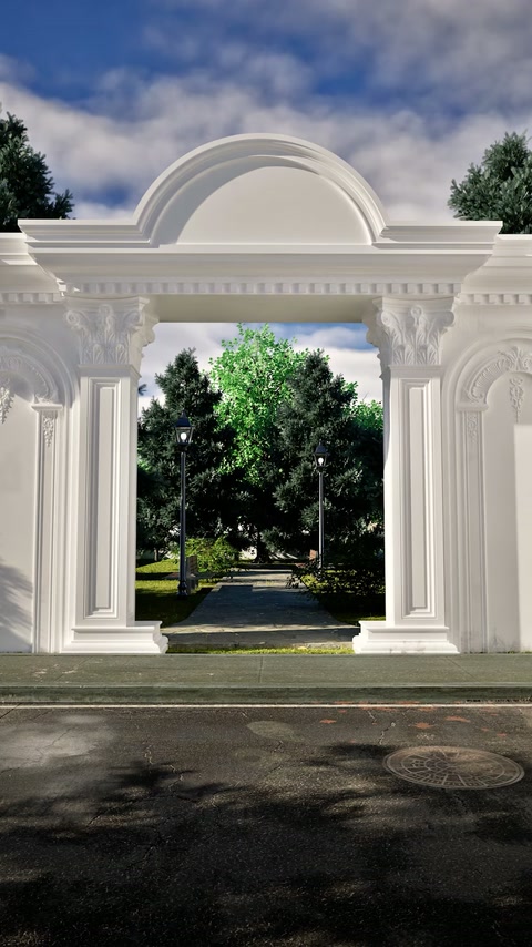L'ingresso render presenta pilastri stratificati e un'apertura giardino centrale.