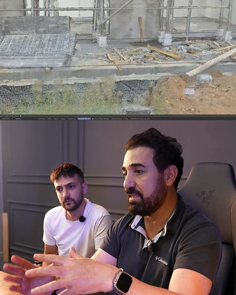 The current condition of the villa facade is shown at the construction site