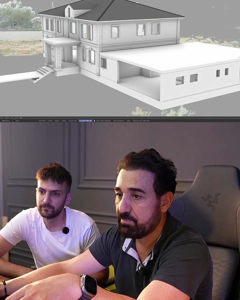 The villa facade and side sections are shown in the three-dimensional project
