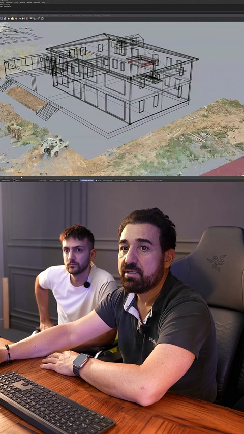 The villa model created from scanning data is reviewed on the software screen