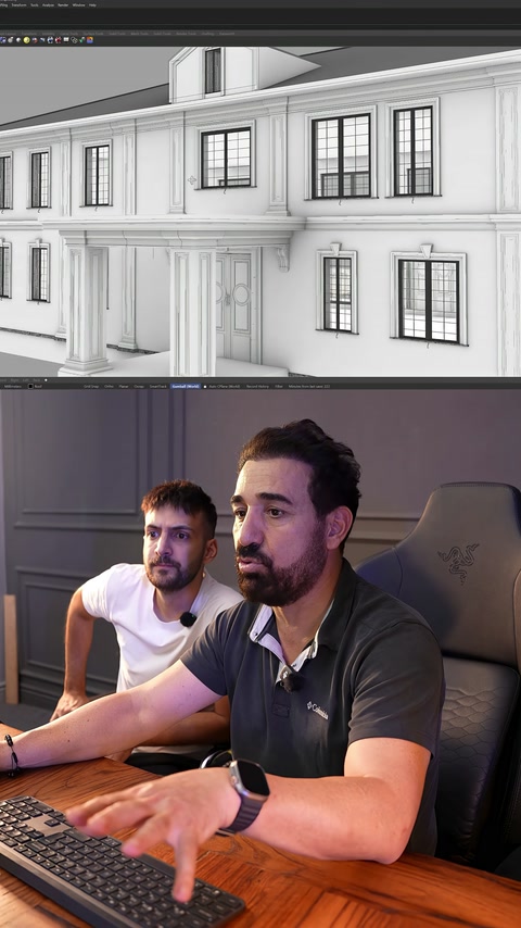 Window frames and pilaster details on the villa facade are modelled