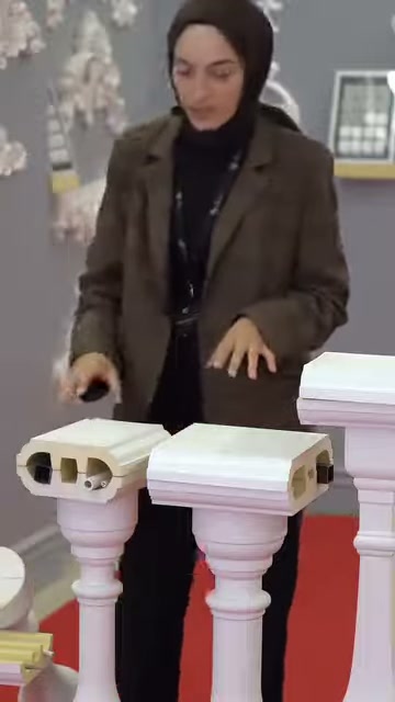 Il presentatore spiega le differenze di forma tra i due profili con le mani.