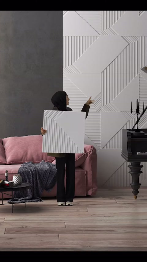 Pannello decorativo in poliuretano con motivo geometrico presentato davanti a una parete rivestita del soggiorno