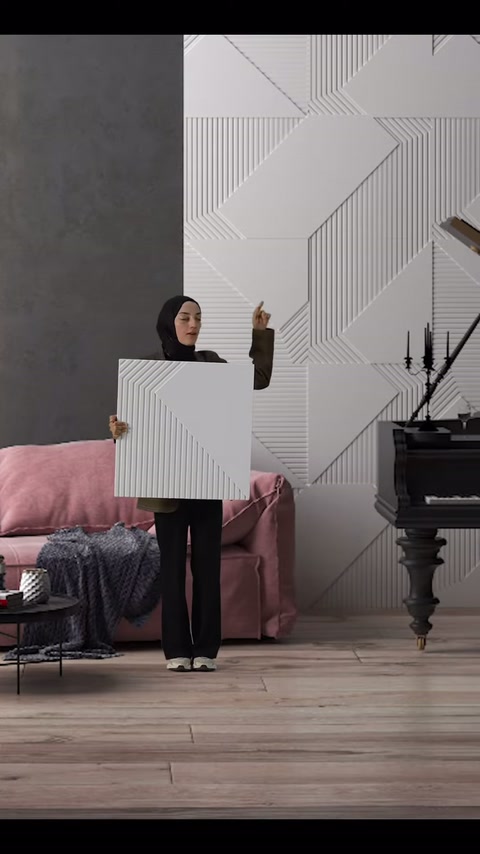 Pannello quadrato in poliuretano mostrato al pubblico insieme al rivestimento murale geometrico
