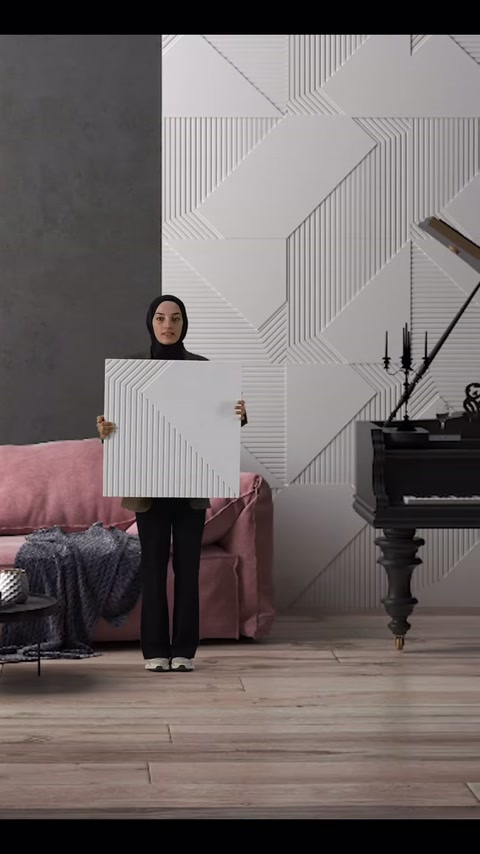 Pannello quadrato decorativo presentato frontalmente in un interno con poltrona rosa