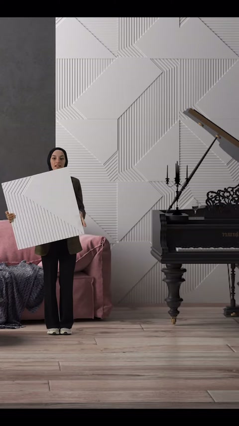 Pannello in poliuretano leggermente inclinato davanti al pianoforte e alla parete rivestita