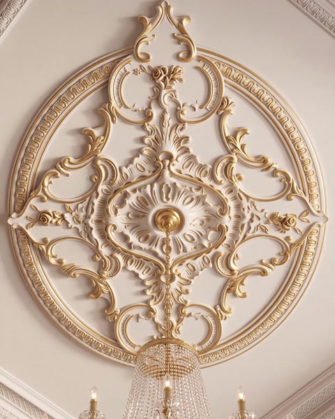 Rosone da soffitto dorato quadrato con anelli concentrici attorno al gancio del lampadario