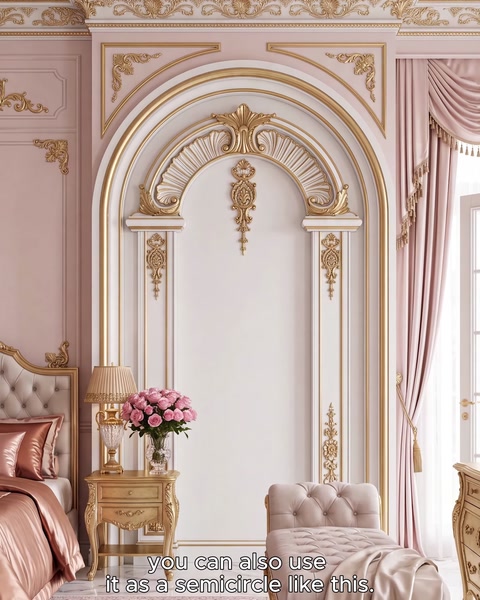 Stanza rosa e oro con rosone che incornicia una nicchia con porta ad arco