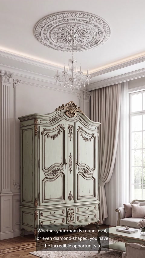 Living room with plain ceiling, crystal chandelier and vintage wardrobe