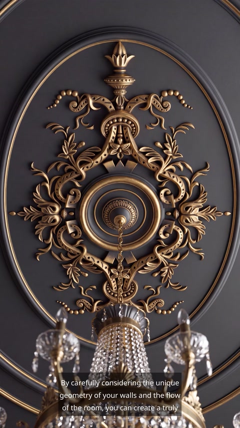 Dark wall panel with ornate gold medallion framing chandelier fixture