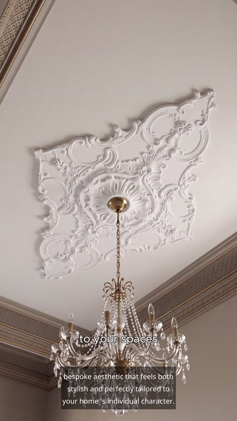 Minimalist white ceiling medallion mounted above pendant chandelier chain