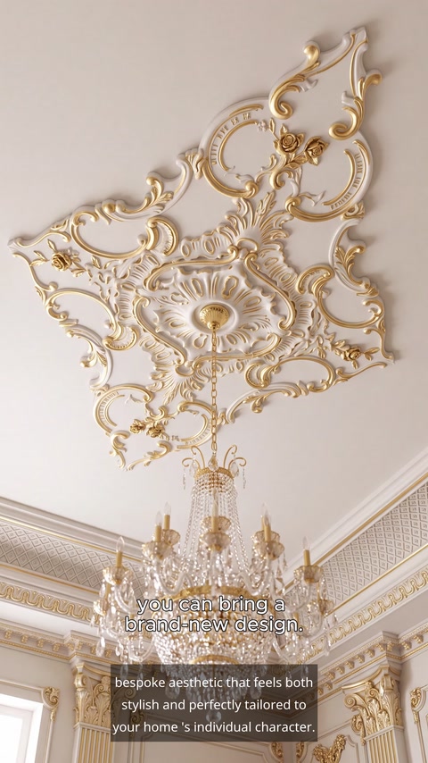 Gold ornate ceiling medallion installed in corner with cornice molding