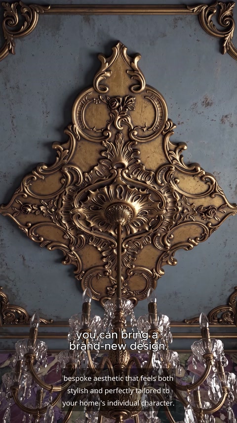 Diamond-shaped gold medallion mounted on dark teal wall with sconces