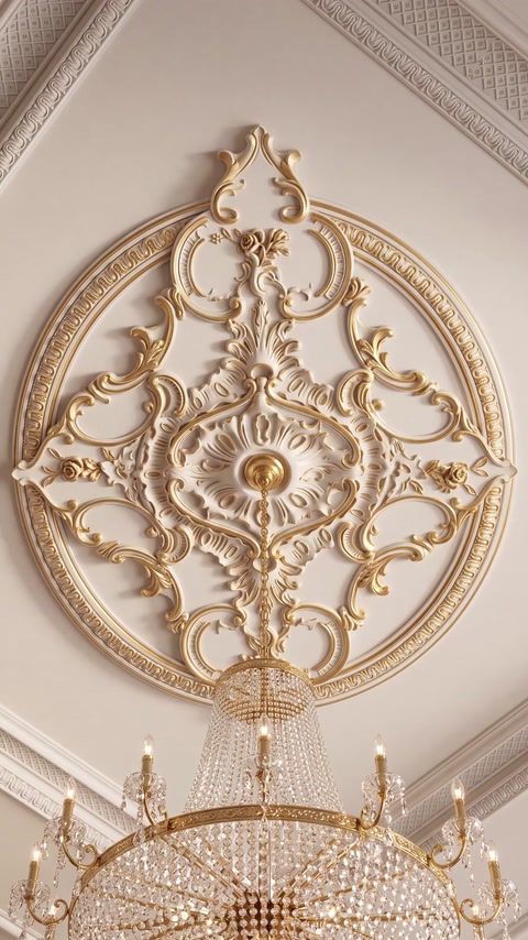 Square gold ceiling medallion with concentric rings around chandelier hook