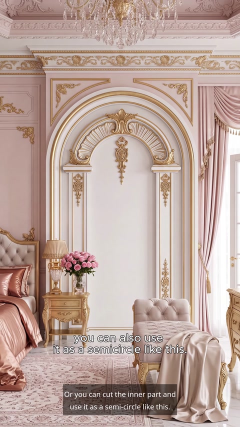 Pink and gold room with medallion framing arched doorway niche