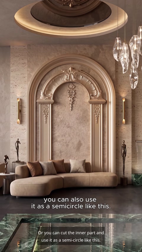 Beige interior with ornate arch surround using medallion trim pieces
