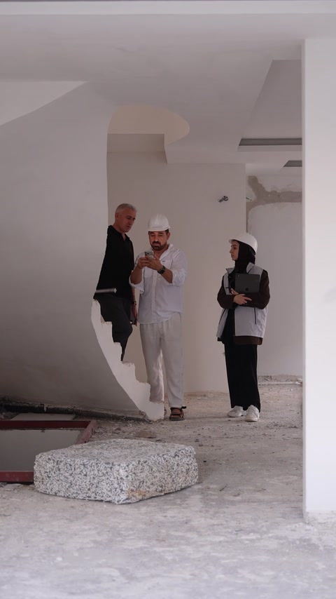 Survey team reviews the unfinished interior and curved staircase area