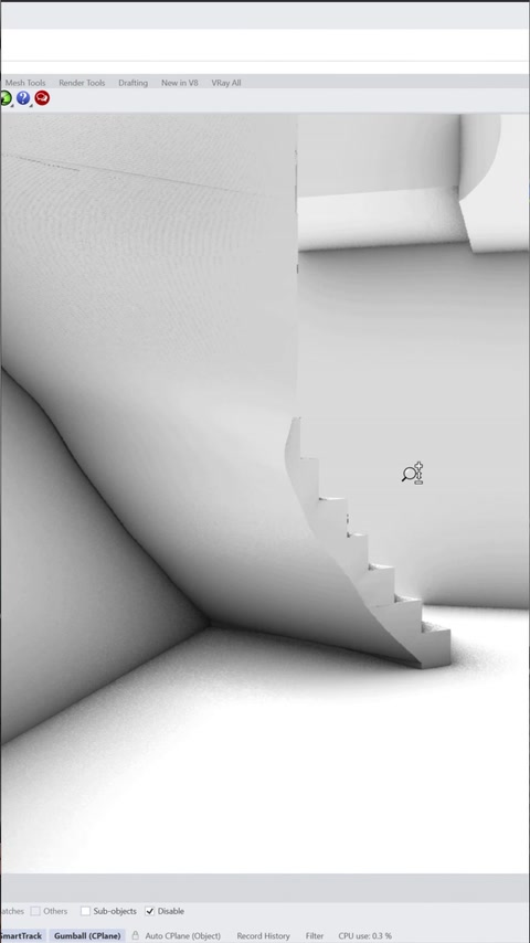 Solid staircase model reproduces the curved stairwell and surrounding walls