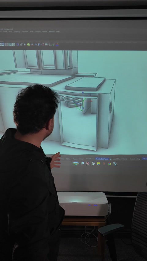 Digital room model shows fitted cabinetry and the adjacent staircase