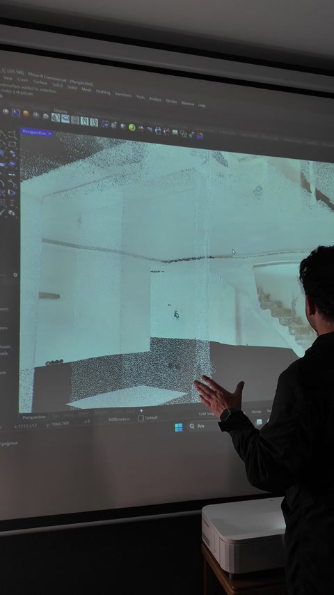 Point cloud view reveals scanned walls, floor, and staircase geometry