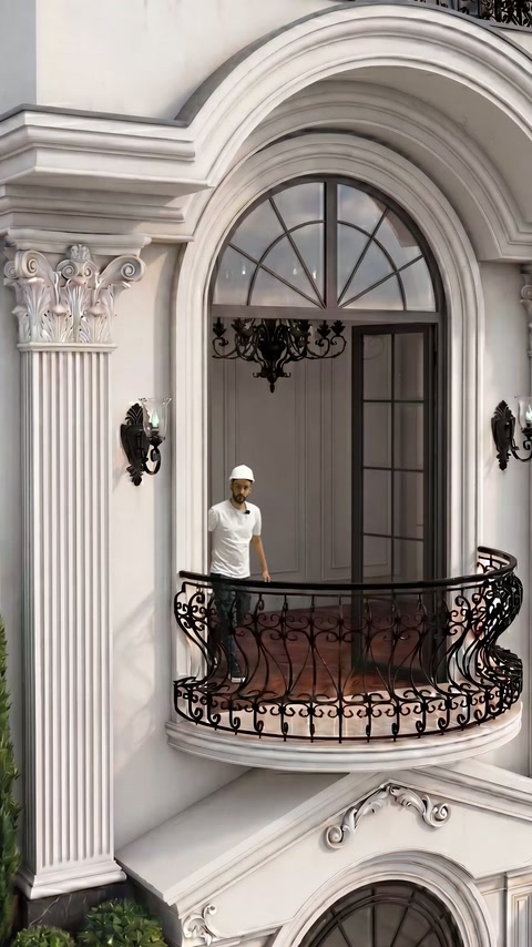 Colonne scanalate e capitelli decorati esposti nell'apertura di balcone ad arco
