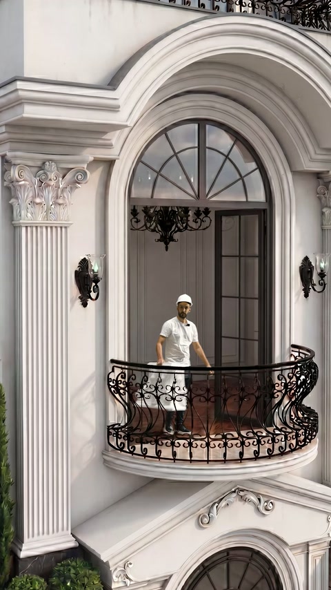 Maestro che presenta la facciata completata con colonne dietro il balcone in ferro battuto
