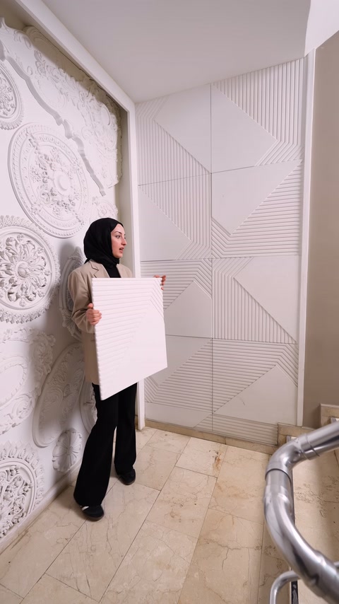 Lined panel sample shown together with cladding in stairwell area