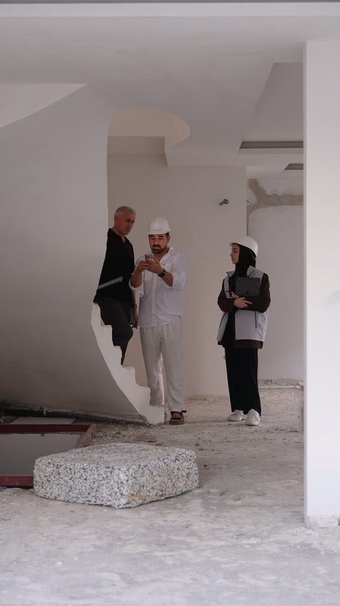 Ekip üyeleri, yapımı süren iç mekândaki merdiven alanını yerinde inceliyor.