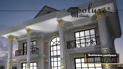 Decorative columns, mouldings, and window surrounds complete the building facade
