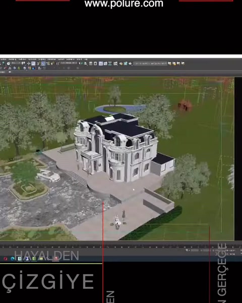 Özel villa cephesinin peyzajla birlikte hazırlanan üç boyutlu proje modeli